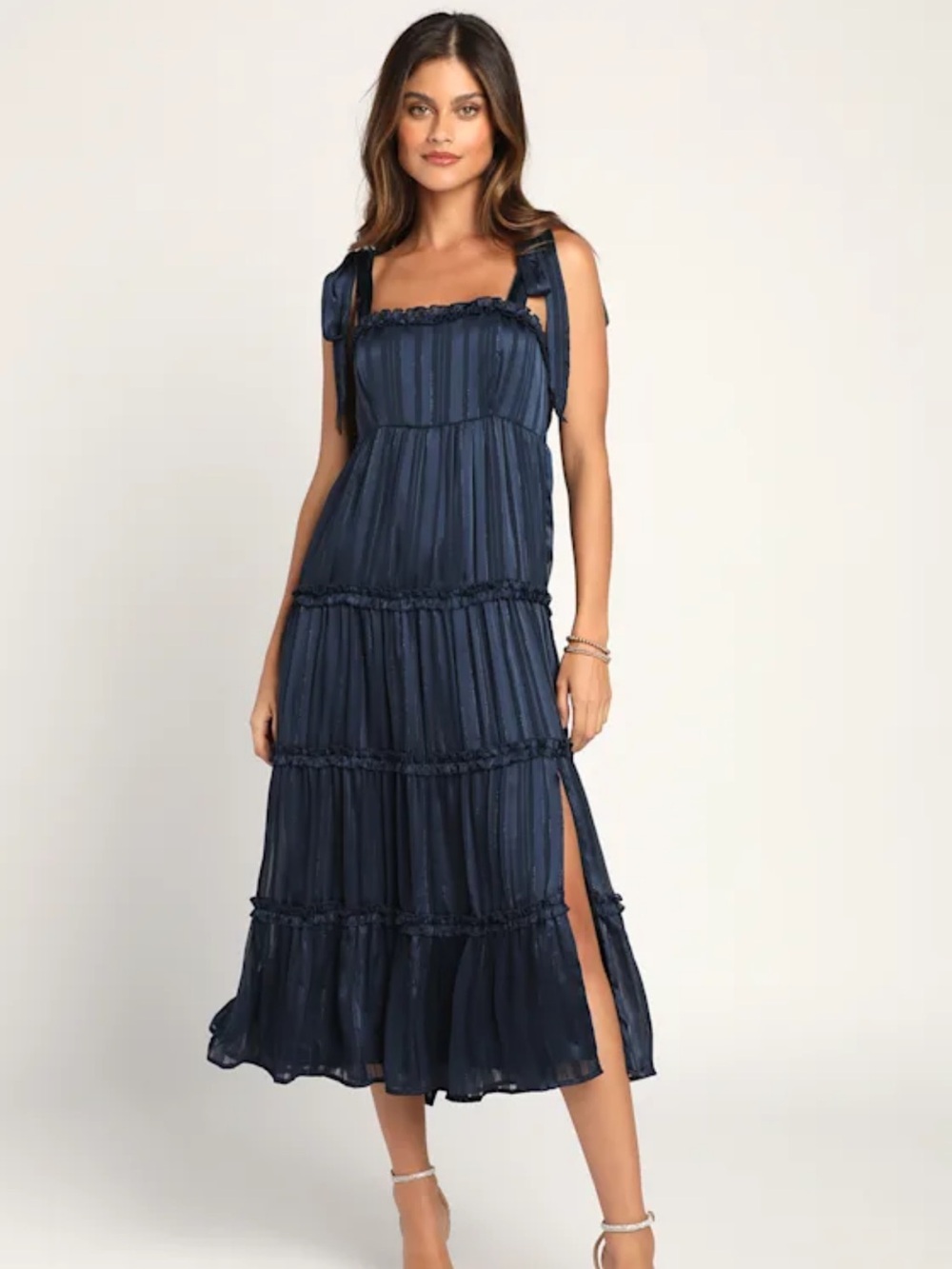 Lulus Day For Romance Navy Blue Tie Strap Tiered Midi Dress - Size Large